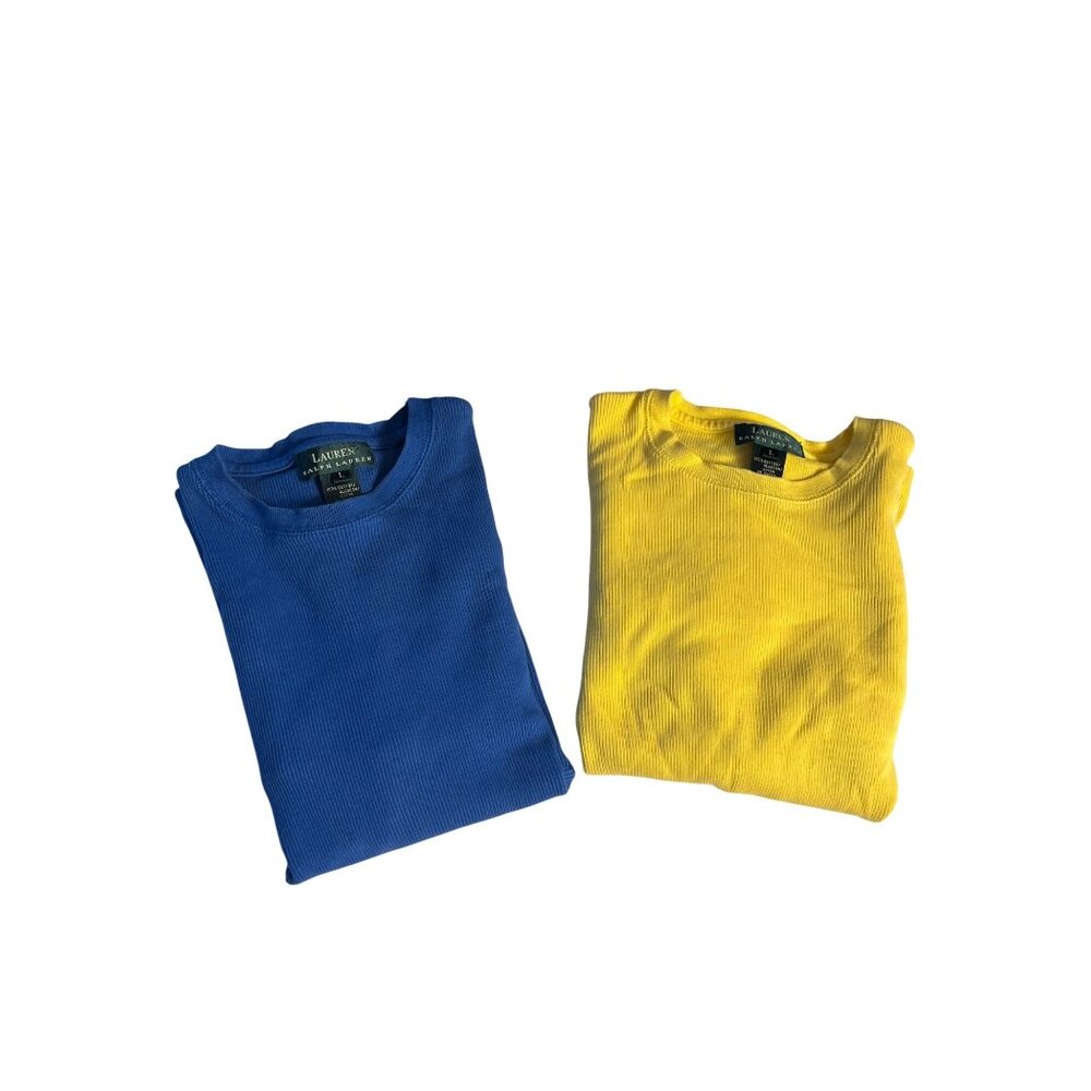 Lauren Ralph Lauren Large ribbed 3/4 Sleeve lot of 2 Tops Blue & Yellow Cotton